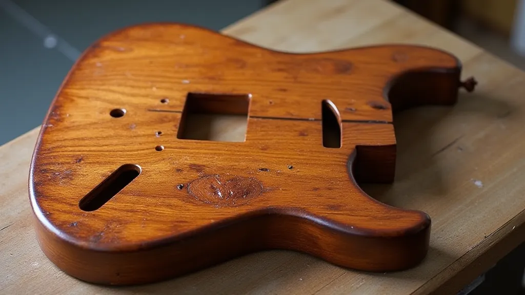 A guitar body after stain application