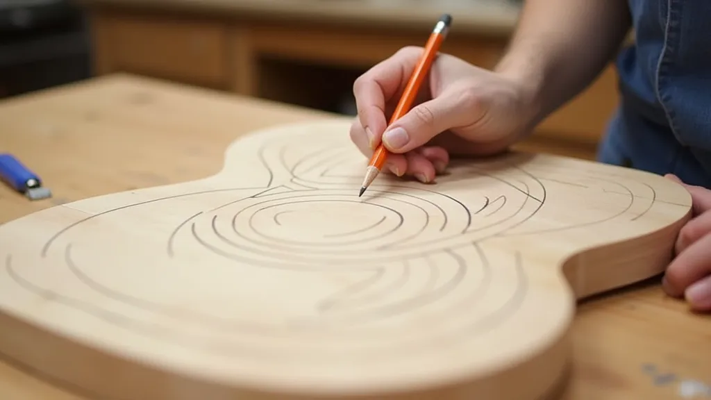 Hand tracing a guitar template onto wood